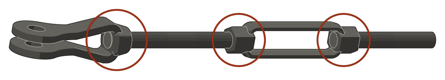 A clevis and a turnbuckle on their rods, seen a little from the clevis's end, with a circle around the clevis's nut and around each of the turnbuckle's two nuts. The end of the rod shows in the clevis's opening and in the turnbuckle's window, flush with the inside face of its nut.