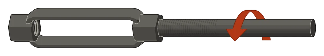The same rod and turnbuckle with a left-hand thread: the arrow goes counter-clockwise as you look along the rod toward the turnbuckle.