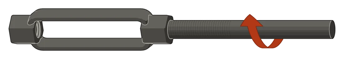 A rod's threaded end started into one end of a turnbuckle, with an arrow wound around the rod: clockwise as you look along the rod toward the turnbuckle.