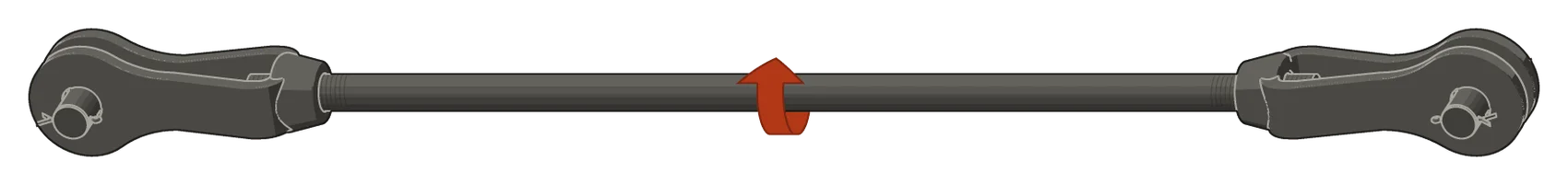 A tie rod assembly with a clevis at each end and one rod, no turnbuckle. An arrow around the middle of the rod goes up its near side and over the top. The rod's left end is right-hand, its right end left-hand.