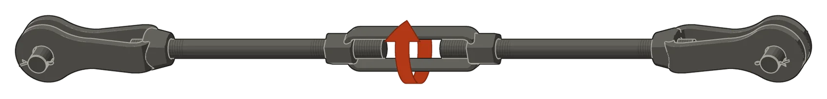 A tie rod assembly with a clevis at each end and a turnbuckle between its two rods. An arrow around the turnbuckle goes up its near side and over the top. The rod on the left is right-hand in the turnbuckle, the rod on the right left-hand.