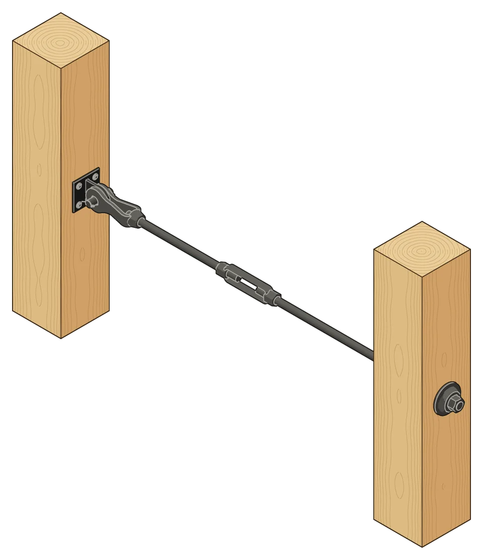 A walls & columns tie rod passing through one post, held on its outside face by an ogee washer and a heavy hex nut; at the other post a clevis pins it to a bracket, with a turnbuckle between.