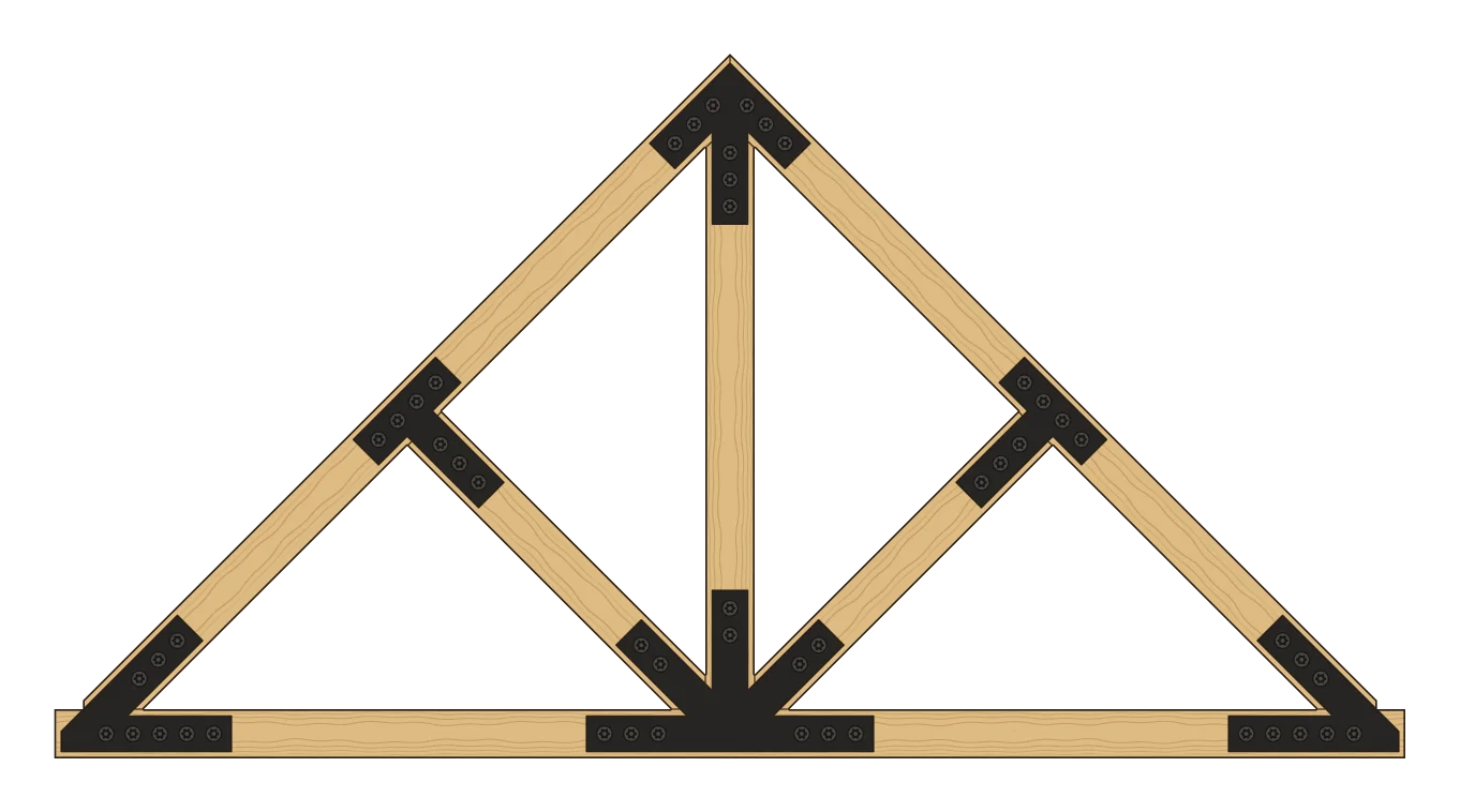 Elevation of a 12/12 king post truss with struts, 12 feet heel to heel, its plates designed online, 4 inches wide on every leg: a king post plate at the peak, a fan plate at the bottom center, a strut plate where each strut meets its rafter, and a heel plate at each heel.