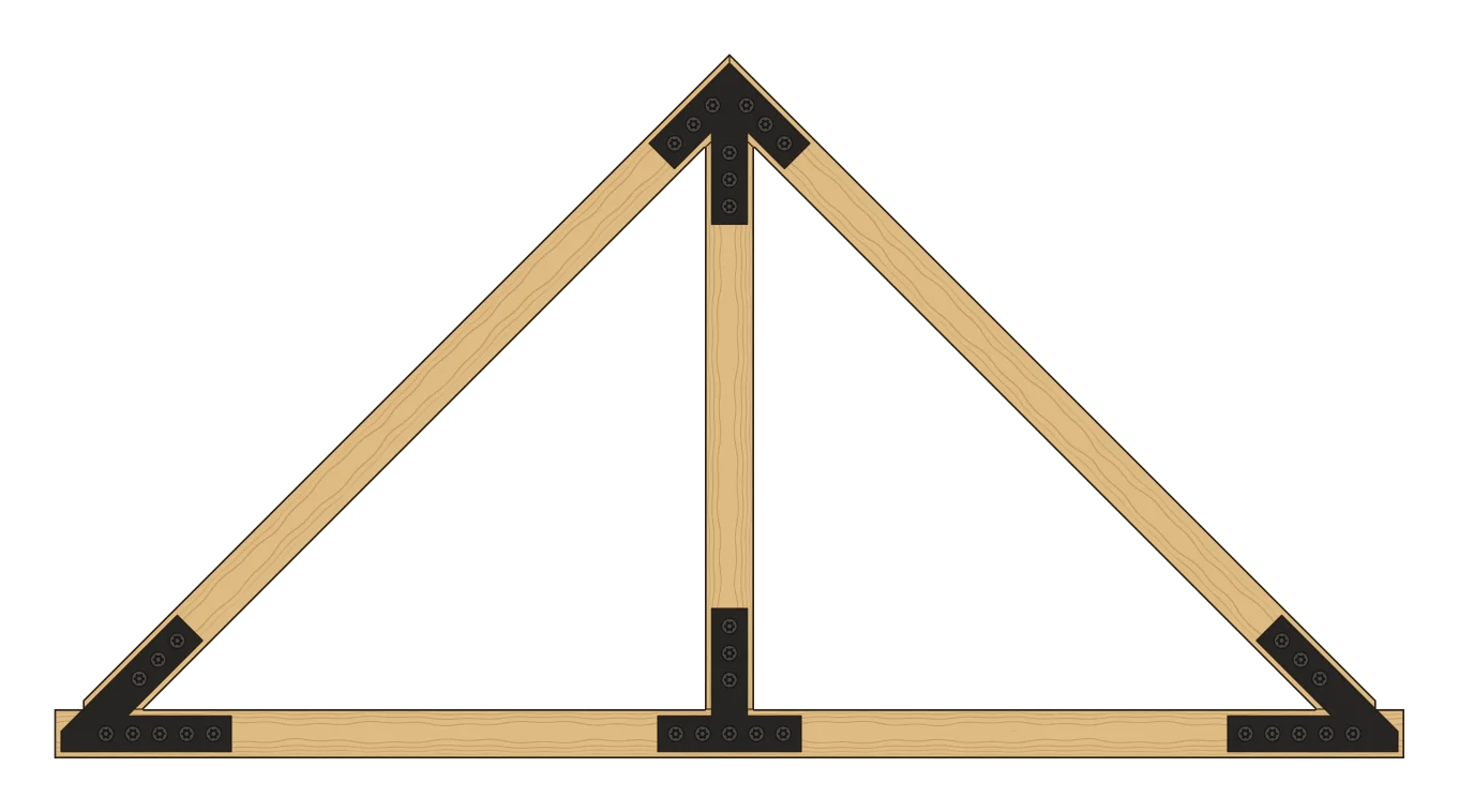 Elevation of a king post truss without struts, its plates designed online: a king post plate at the peak, a T plate at the king post’s foot, and a heel plate at each heel.