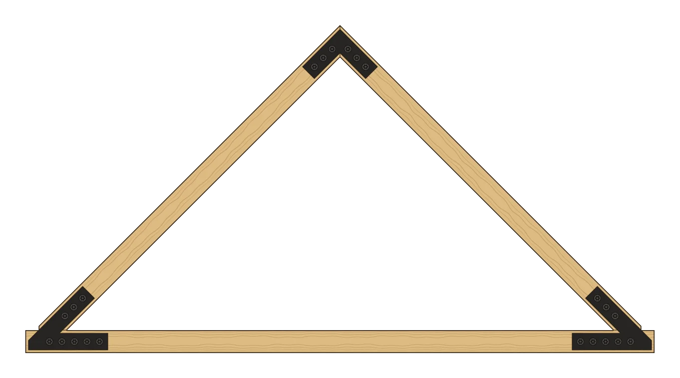 Elevation of an open truss, rafters and a tie beam only, its plates designed online: a peak plate at the peak and a heel plate at each heel.