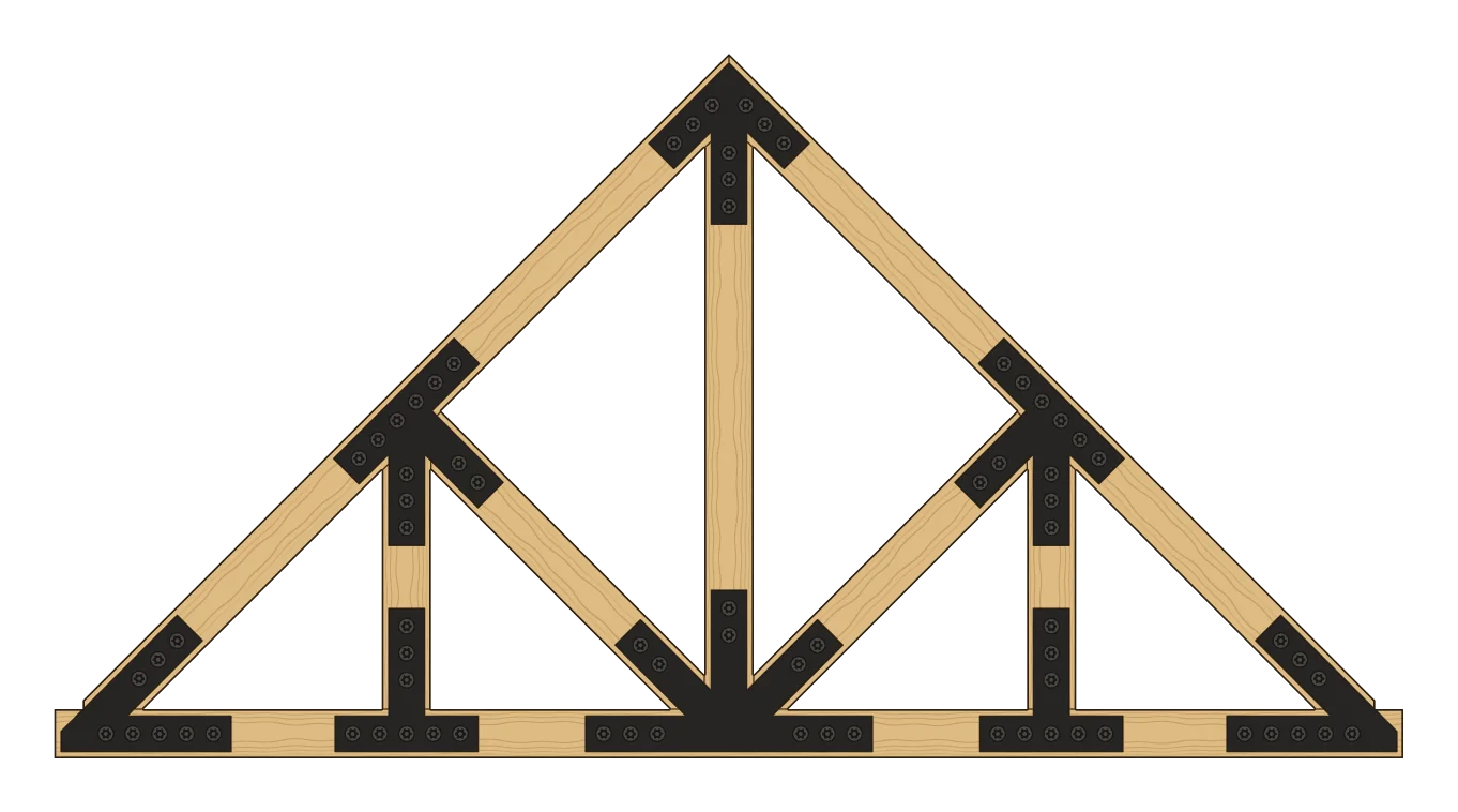 Elevation of a queen post truss with a king post and struts, its plates designed online: a king post plate at the peak, a fan plate at the king post’s foot, a queen post plate where each strut and queen post meet their rafter, a T plate at each queen post’s foot, and a heel plate at each heel.