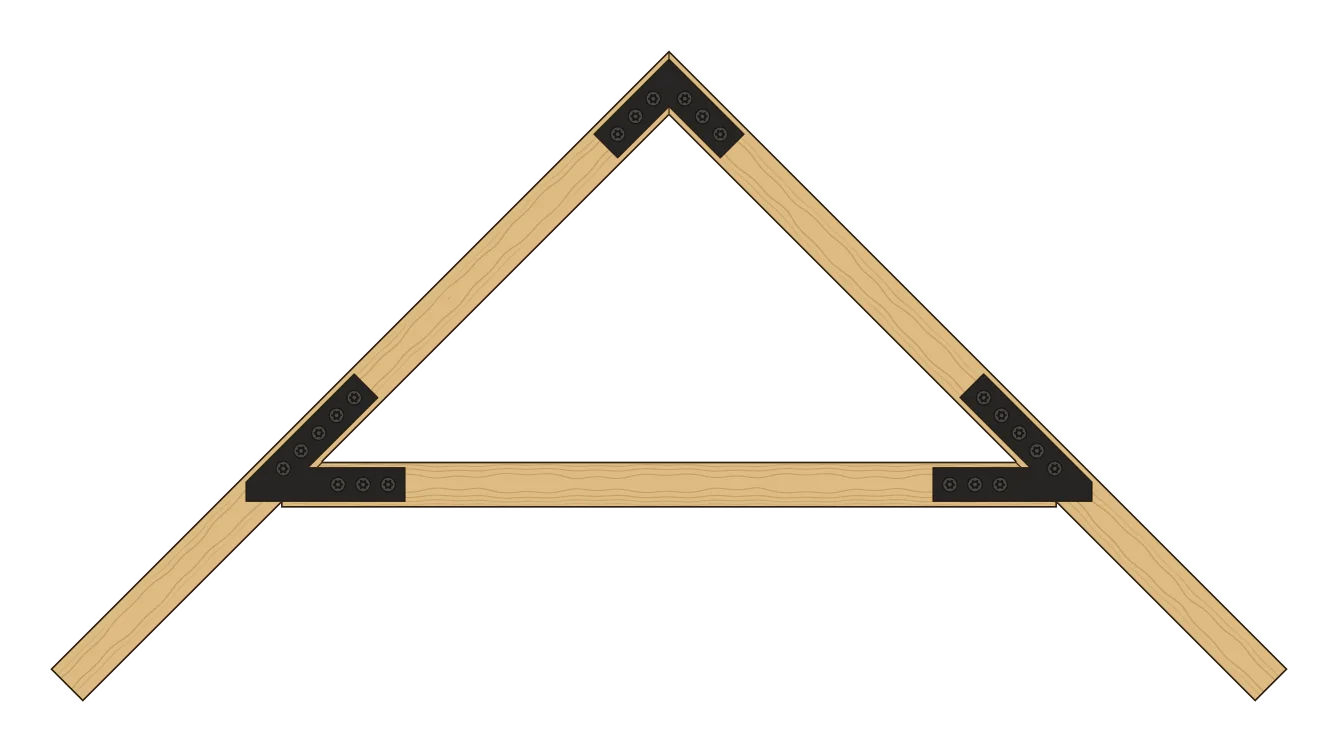 Elevation of rafters with a raised tie beam hanging between them, its plates designed online: a peak plate at the peak and a collar tie plate at each end of the tie beam.