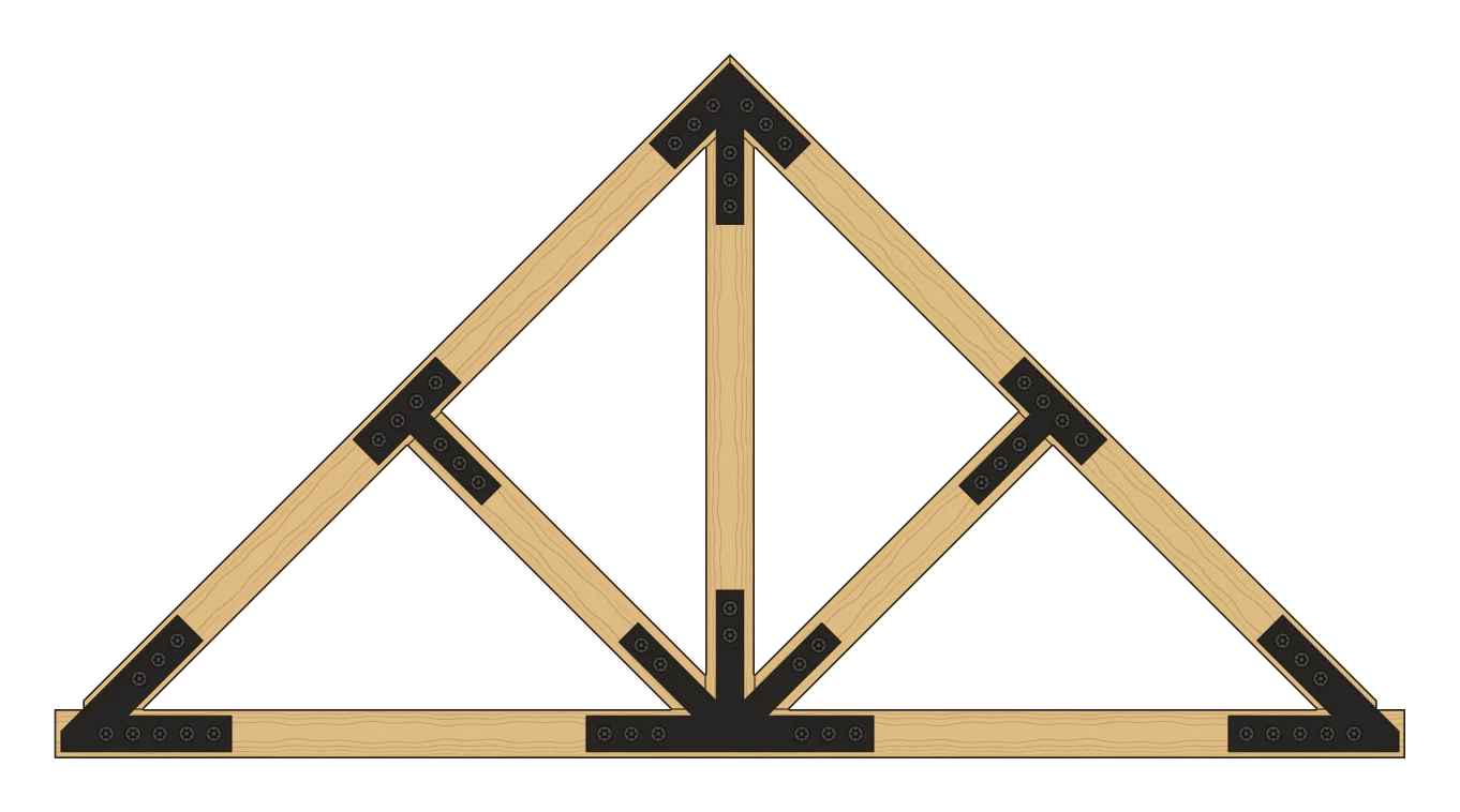 Elevation of a 12/12 king post truss with struts in 6x6 timbers, Taiga plates: a W4 at the peak, an F4 at the bottom center, a Y4 where each strut meets its rafter, and a VB4 at each heel.