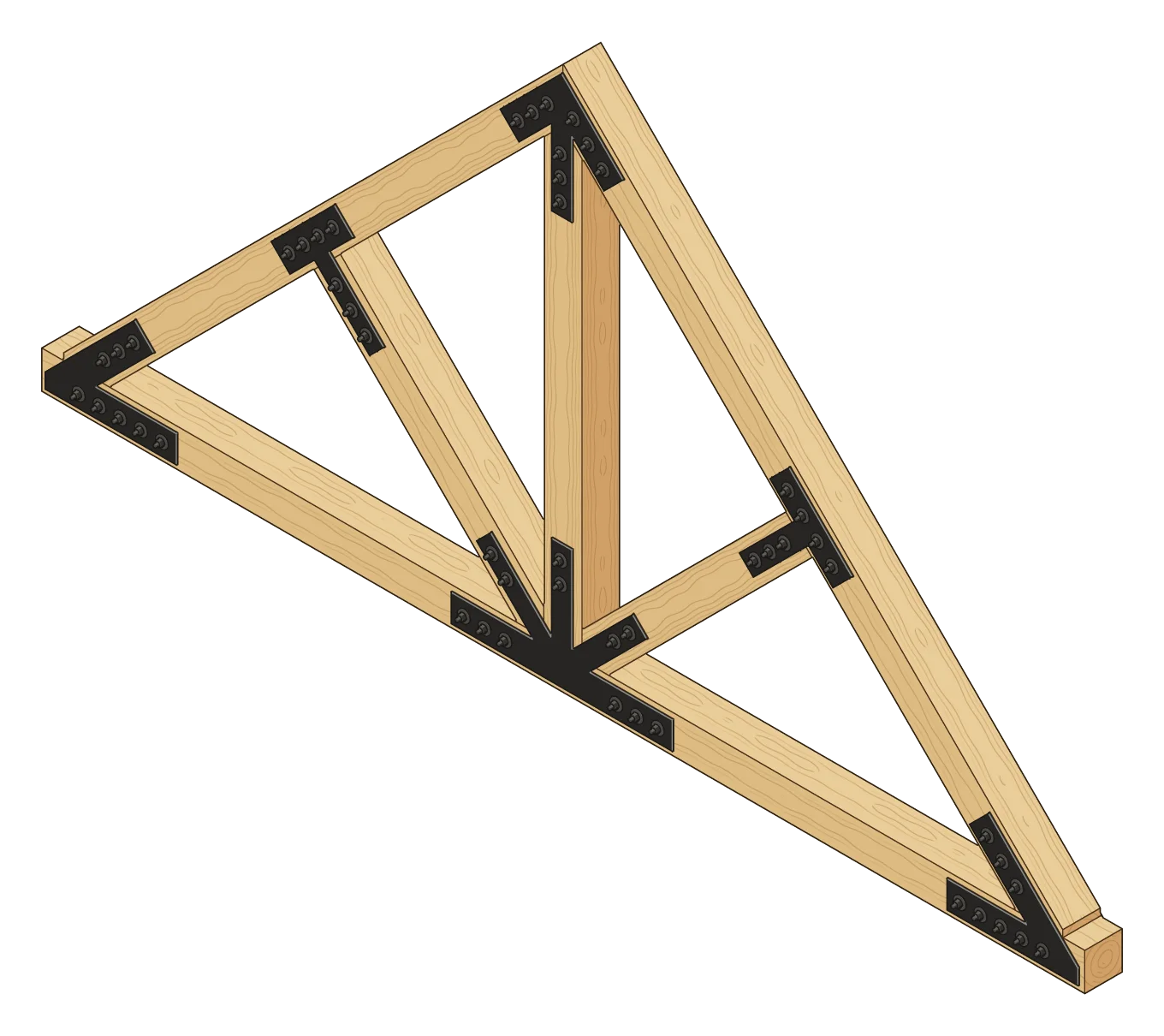 A king post truss with struts in isometric, its timbers joined by black steel plates: a W4 at the peak and an F4 fan at the bottom center.
