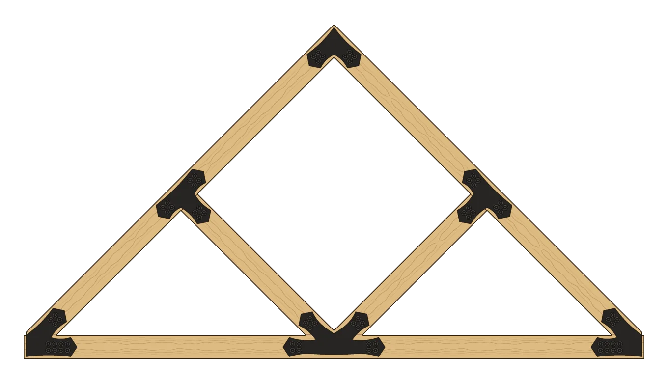 Esker truss with struts, no king post, with the strut fan truss plate (UE6) marked